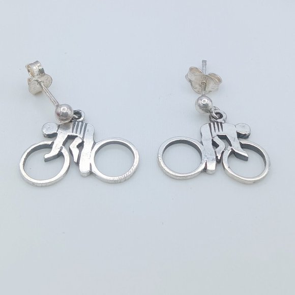 Vintage Sterling Silver Bicycle Bike Rider Dangle Post Earrings - SIGNED! - Picture 5 of 10